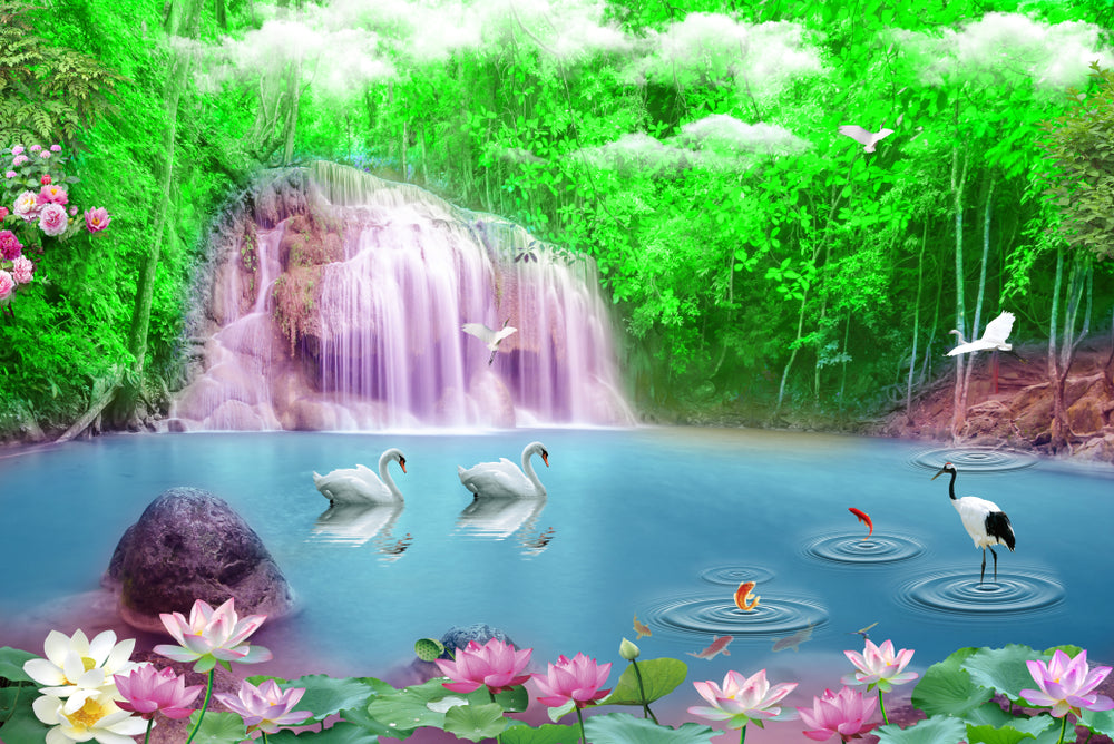 Birds & Waterfall Scenery View Home Decor Premium Quality Poster Print Choose Your Sizes