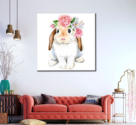 Square Canvas Rabbit with Floral Headdress Painting High Quality Print 100% Australian Made