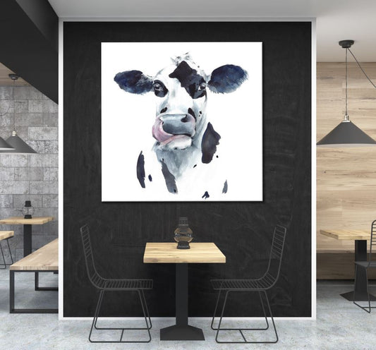 Square Canvas B&W Cow Painting High Quality Print 100% Australian Made