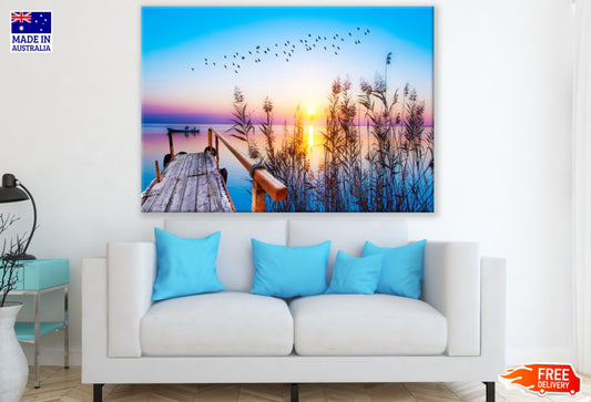 Wooden Pier Over Lake Sunset View Print 100% Australian Made