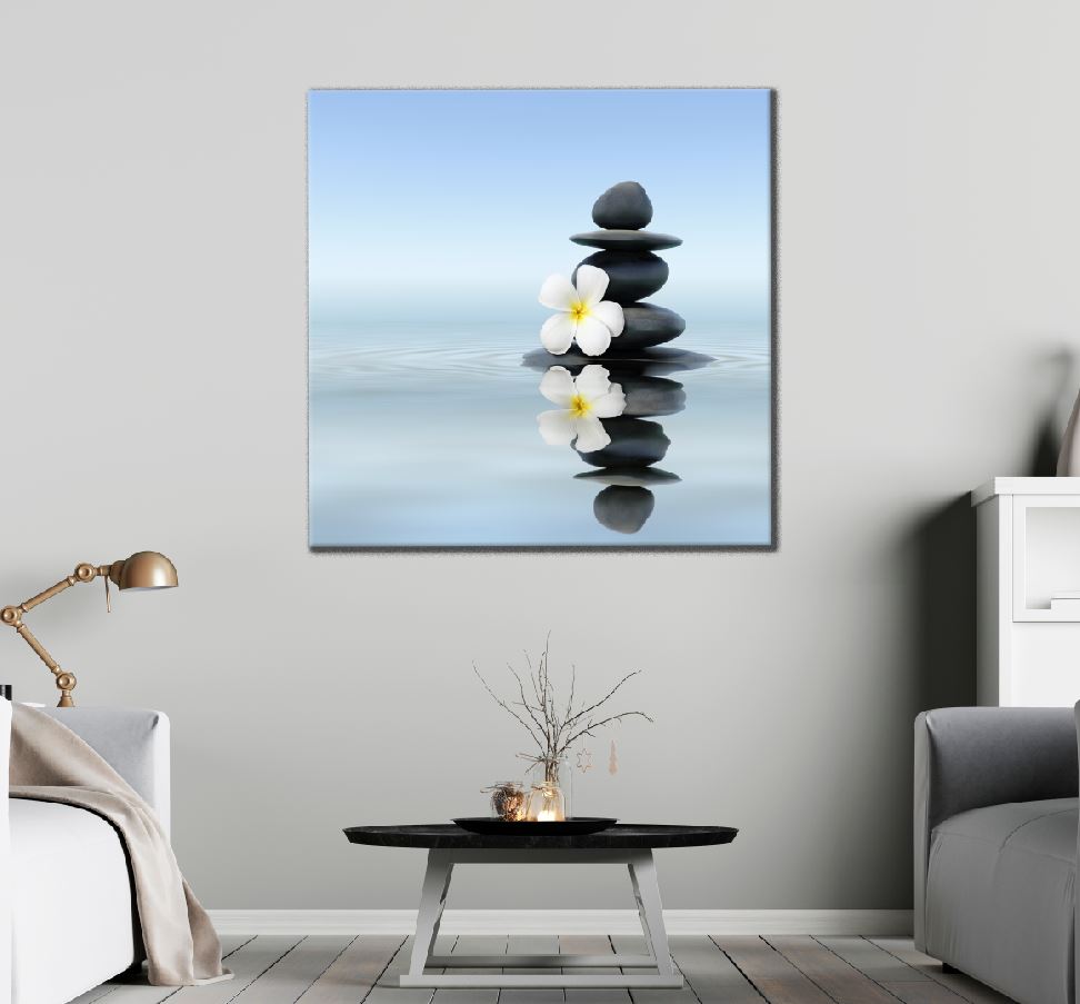 Square Canvas Flower & Zen Stones On Water Photograph High Quality Print 100% Australian Made