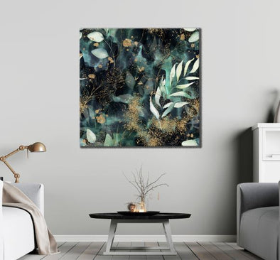 Square Canvas Green Gold Leaves Abstract Design High Quality Print 100% Australian Made