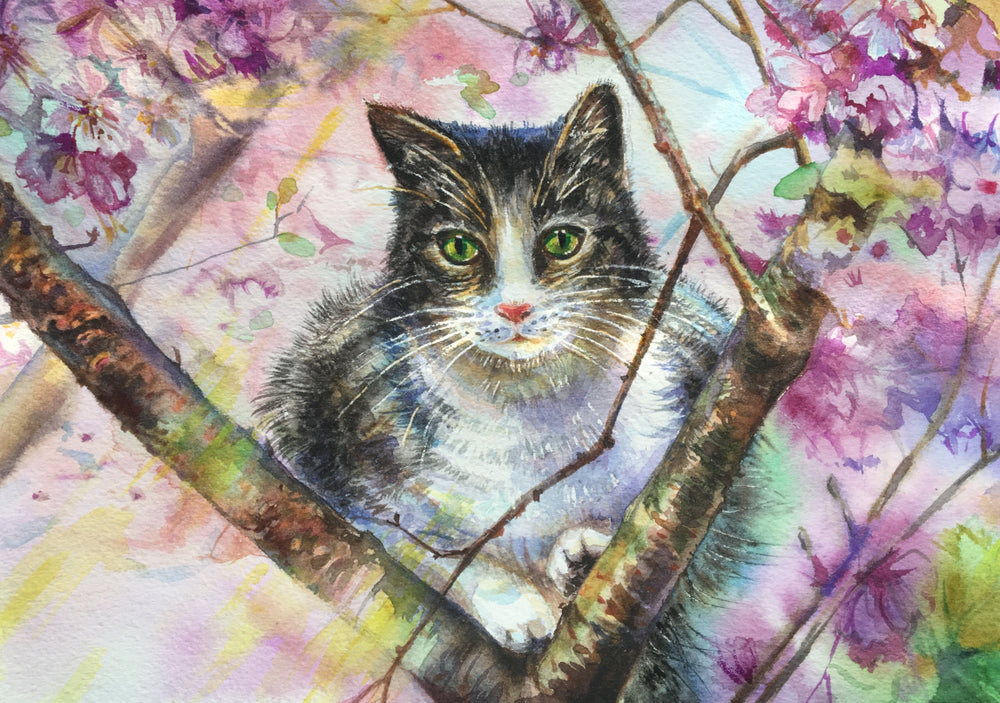 Cat & Flowers Watercolour Painting Print 100% Australian Made