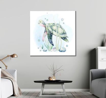 Square Canvas Turtle in Sea Painting High Quality Print 100% Australian Made