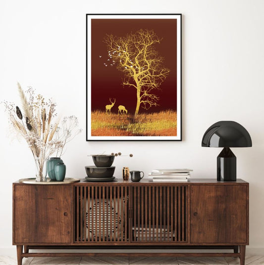 Tree & Deer Abstract Gold Design Home Decor Premium Quality Poster Print Choose Your Sizes