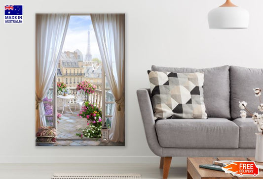 Flower Vases on Balcony & Eiffel Tower View Paris Print 100% Australian Made