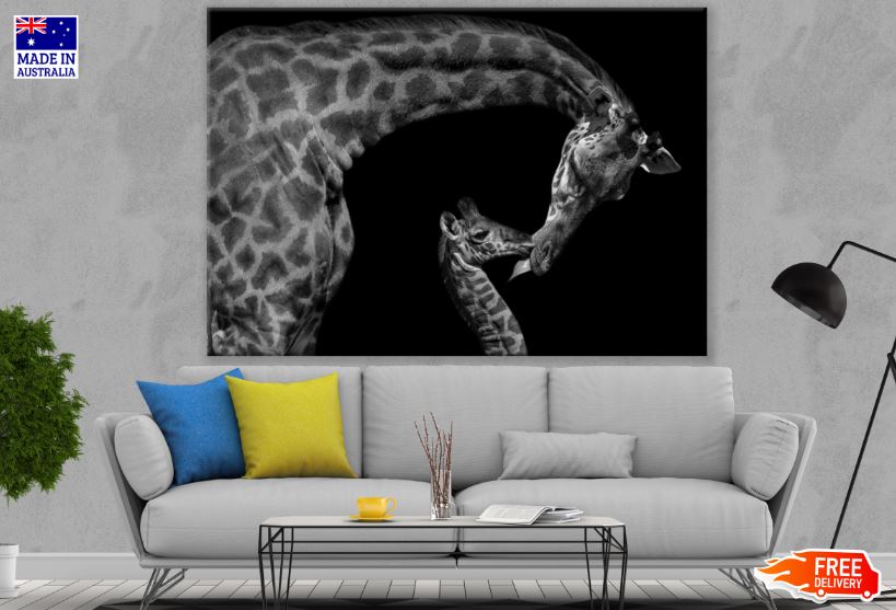 Giraffe & Baby B&W Portrait Photograph Print 100% Australian Made