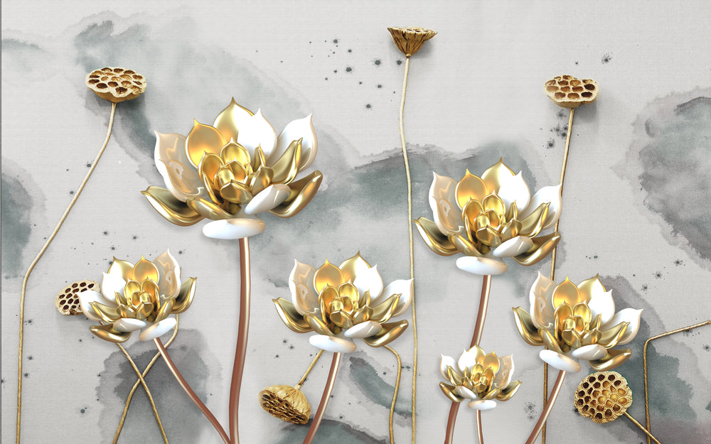 Gold & White 3D Lotus Flowers Design Home Decor Premium Quality Poster Print Choose Your Sizes