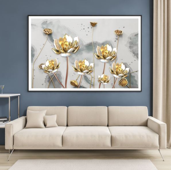 Gold & White 3D Lotus Flowers Design Home Decor Premium Quality Poster Print Choose Your Sizes