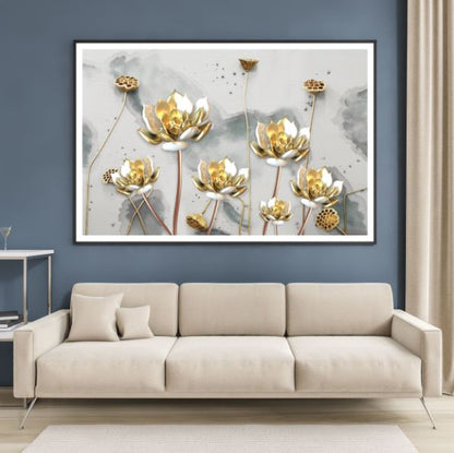 Gold & White 3D Lotus Flowers Design Home Decor Premium Quality Poster Print Choose Your Sizes