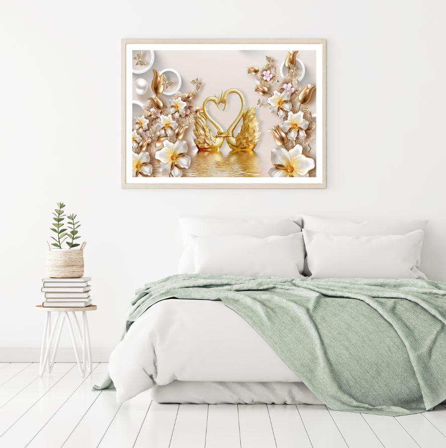 Gold Swans & Flowers 3D Design Home Decor Premium Quality Poster Print Choose Your Sizes