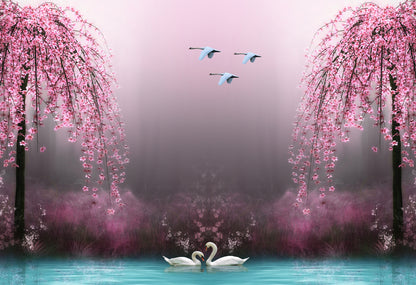 Swans in Lake with Cherry Blossom Trees Print 100% Australian Made