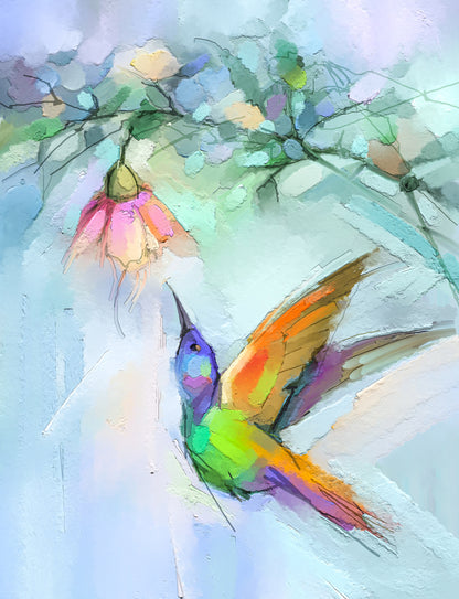 Humming Bird Flying Around Flower Painting Print 100% Australian Made