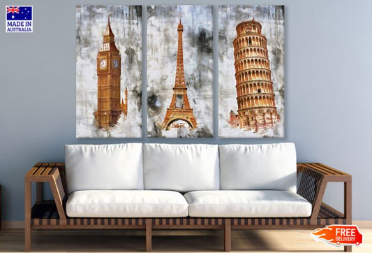 3 Set of Big Ben, Eiffel Tower & Leaning Tower of Pisa Watercolor Painting High Quality Print 100% Australian Made Wall Canvas Ready to Hang