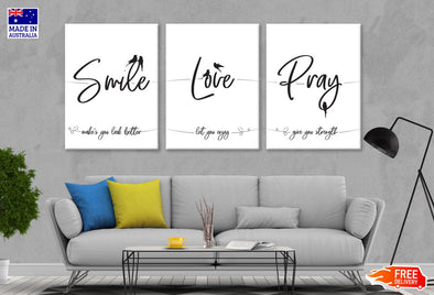 3 Set of Smile Live Pray B&W Word Art High Quality Print 100% Australian Made Wall Canvas Ready to Hang