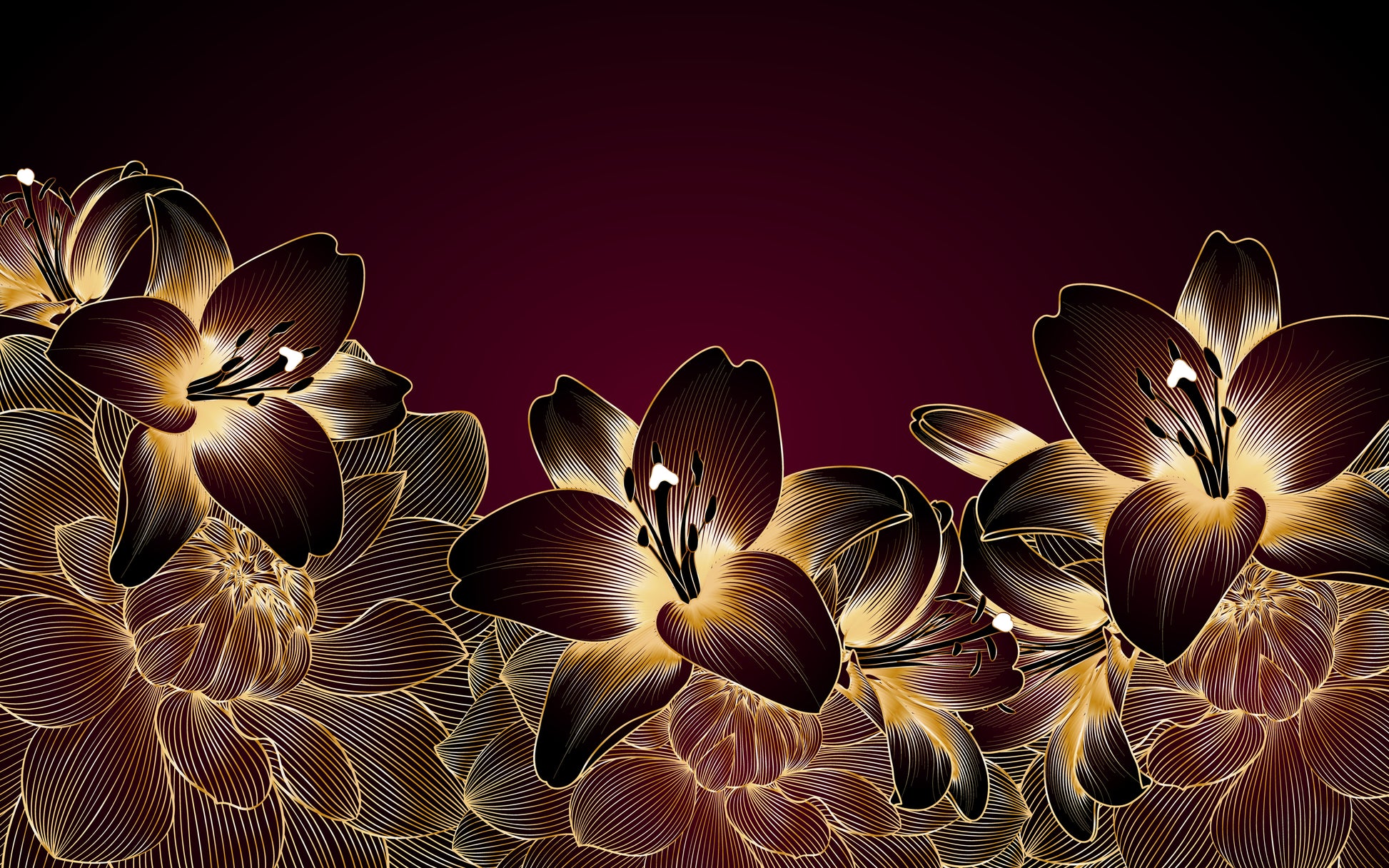 Luxurious Vintage Pattern with Golden Dahlia Flowers Red Background Print 100% Australian Made