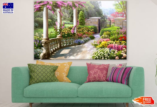 Colorful Floral Garden with Building Columns Photograph Print 100% Australian Made