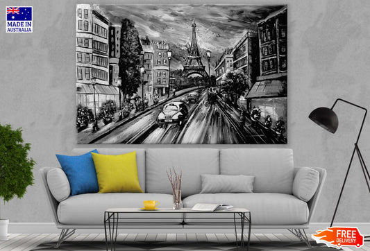 Eiffel Tower & Street B&W Paint Print 100% Australian Made