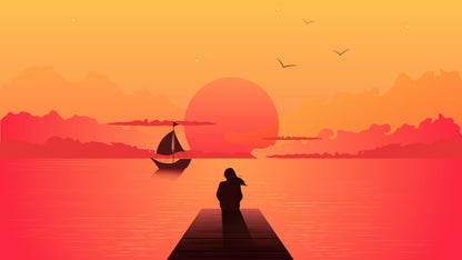 Woman on Wooden Pier Vector Art Print 100% Australian Made