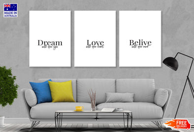 3 Set of Dream Love Belive B&W Wordings Design High Quality Print 100% Australian Made Wall Canvas Ready to Hang