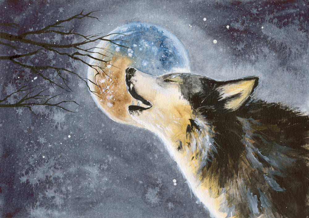 Wolf Portrait & Moon Watercolor Painting Print 100% Australian Made