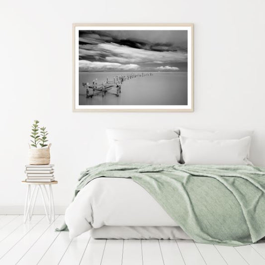 Wooden Pier Ruins in Lake B&W Photograph Home Decor Premium Quality Poster Print Choose Your Sizes