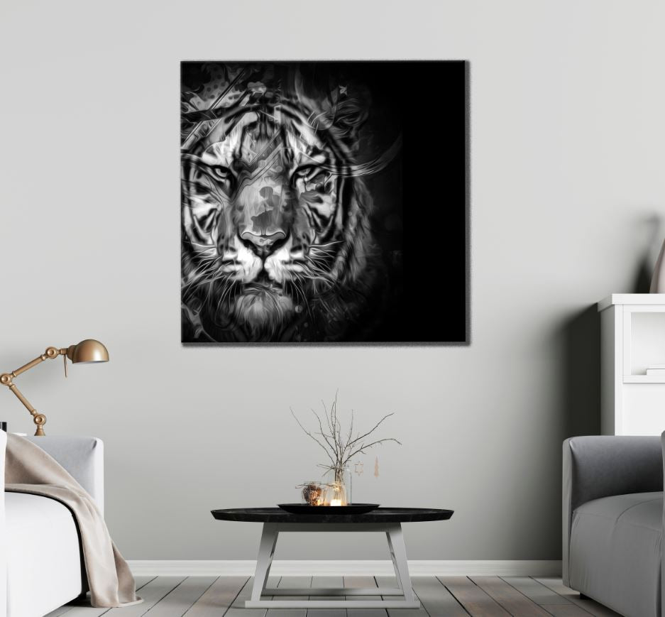 Square Canvas Tiger Portrait B&W Design High Quality Print 100% Australian Made
