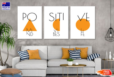 3 Set of Positive Mind , Vibes , Life Orange Shapes & B&W Wordings Design High Quality Print 100% Australian Made Wall Canvas Ready to Hang