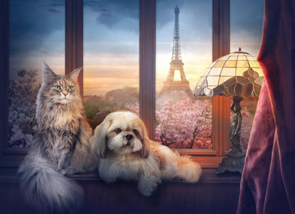 Cat & Dog with Eiffel Tower View Home Decor Premium Quality Poster Print Choose Your Sizes