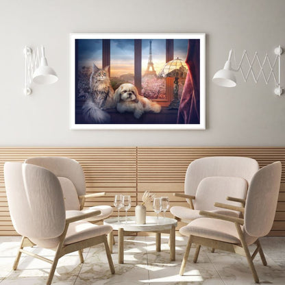 Cat & Dog with Eiffel Tower View Home Decor Premium Quality Poster Print Choose Your Sizes