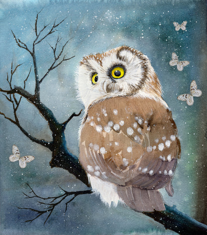 Square Canvas Owl on a Tree Watercolor Painting High Quality Print 100% Australian Made