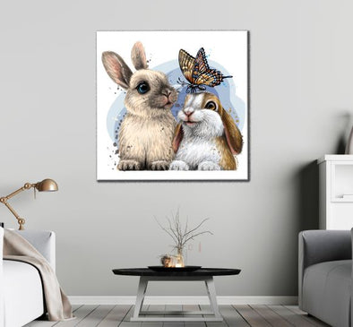 Square Canvas Rabbits & Butterfly Watercolor Kids Painting High Quality Print 100% Australian Made