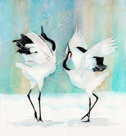 Square Canvas Two Red-Crowned Japanese Cranes Dancing Watercolor Kids Painting High Quality Print 100% Australian Made