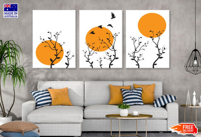 3 Set of Trees with birds & Sun Vector Art High Quality Print 100% Australian Made Wall Canvas Ready to Hang