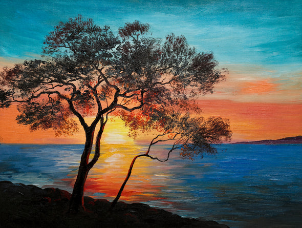 Tree Near Beach Sunset Painting Print 100% Australian Made