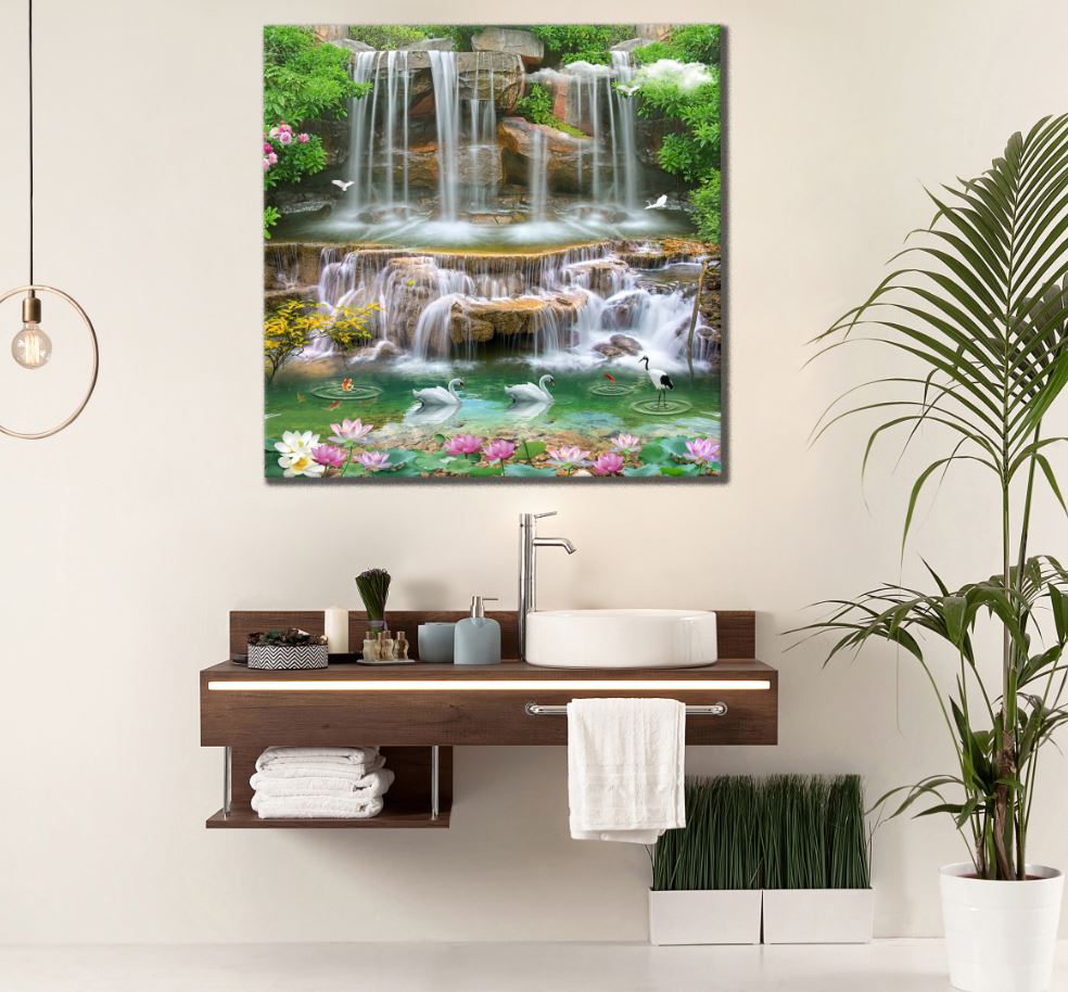 Square Canvas Flowers & Swans on Waterfall High Quality Print 100% Australian Made