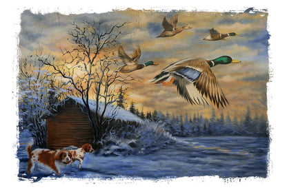 Dogs Running Ducks Flying Winter Painting Print 100% Australian Made