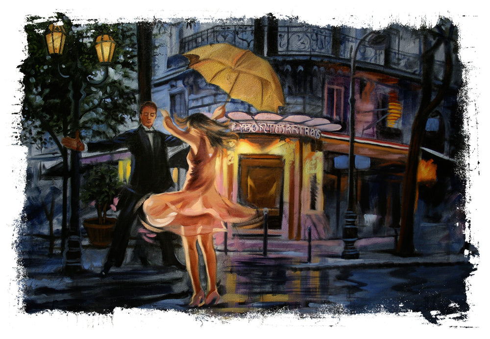 Couple Dancing with Umbrella Night Painting Print 100% Australian Made