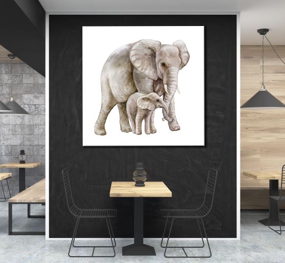 Square Canvas Elephant & Baby Watercolor Painting High Quality Print 100% Australian Made