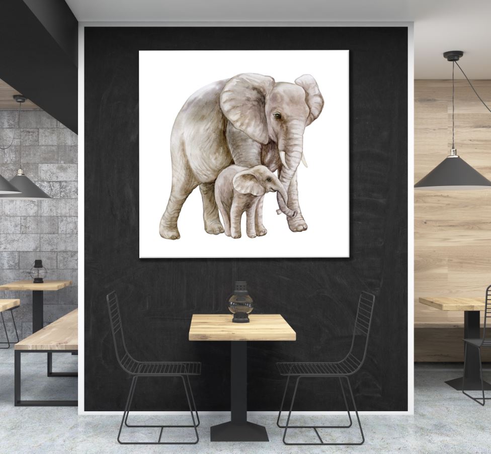 Square Canvas Elephant & Calf Painting High Quality Print 100% Australian Made