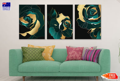 3 Set of Green & Gold Floral Art High Quality Print 100% Australian Made Wall Canvas Ready to Hang
