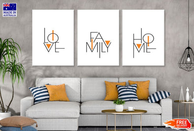 3 Set of Love Family Home B&W Orange Word Art High Quality Print 100% Australian Made Wall Canvas Ready to Hang