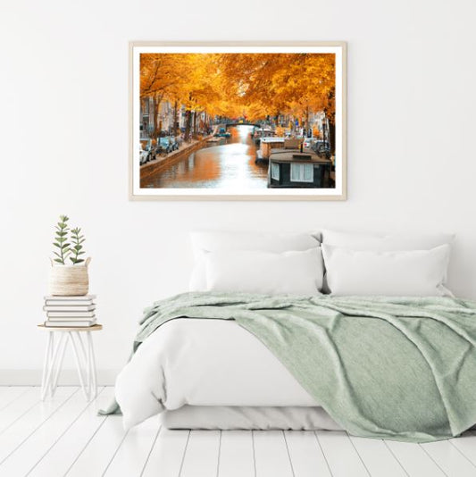 Canal & Autumn Trees in City View Photograph Home Decor Premium Quality Poster Print Choose Your Sizes