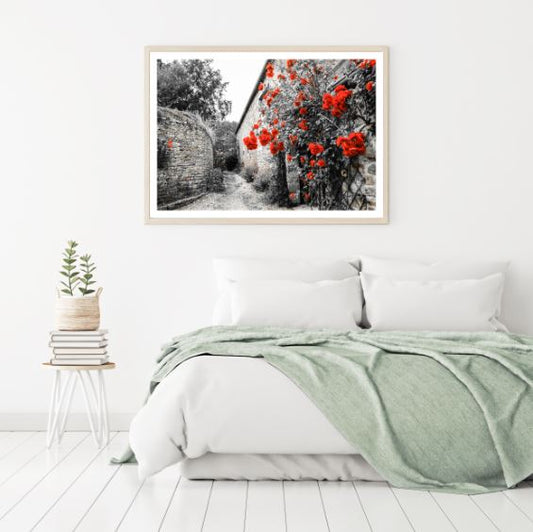 Red Flower Tree on Wall B&W Photograph Home Decor Premium Quality Poster Print Choose Your Sizes