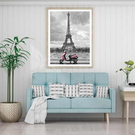 Pink Scooter & Eiffel Tower B&W Home Decor Premium Quality Poster Print Choose Your Sizes