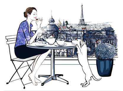 Woman Drinking Tea With Her Dog Eiffel Tower View Painting Print 100% Australian Made