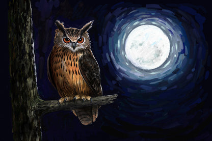 Owl Sitting on a Branch Under Moon Light Painting Print 100% Australian Made