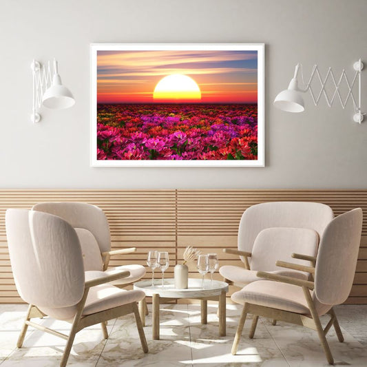 Sunset View Over Flower Field Home Decor Premium Quality Poster Print Choose Your Sizes