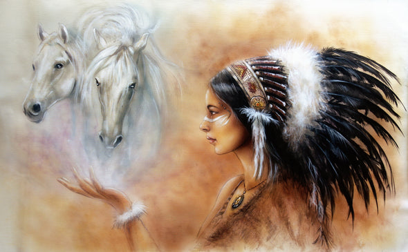 Native Headdress Girl & White Horses Painting Print 100% Australian Made