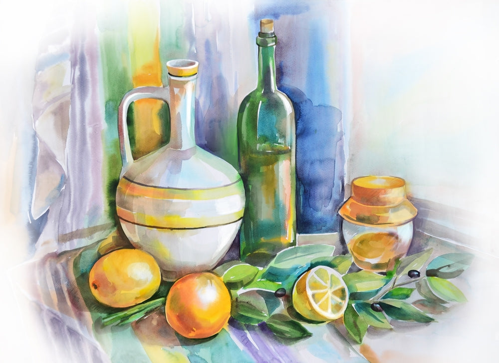 Juice Bottles on Table Painting Print 100% Australian Made